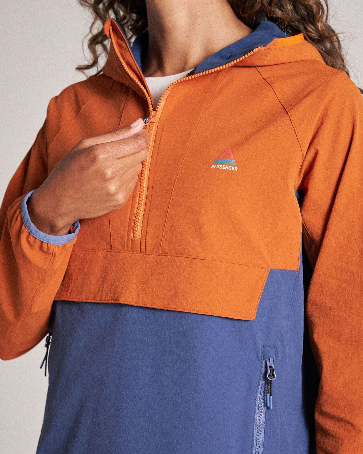 Ocean Light Recycled Softshell Jacket - Dark Denim/Sunset Orange - Studio Model