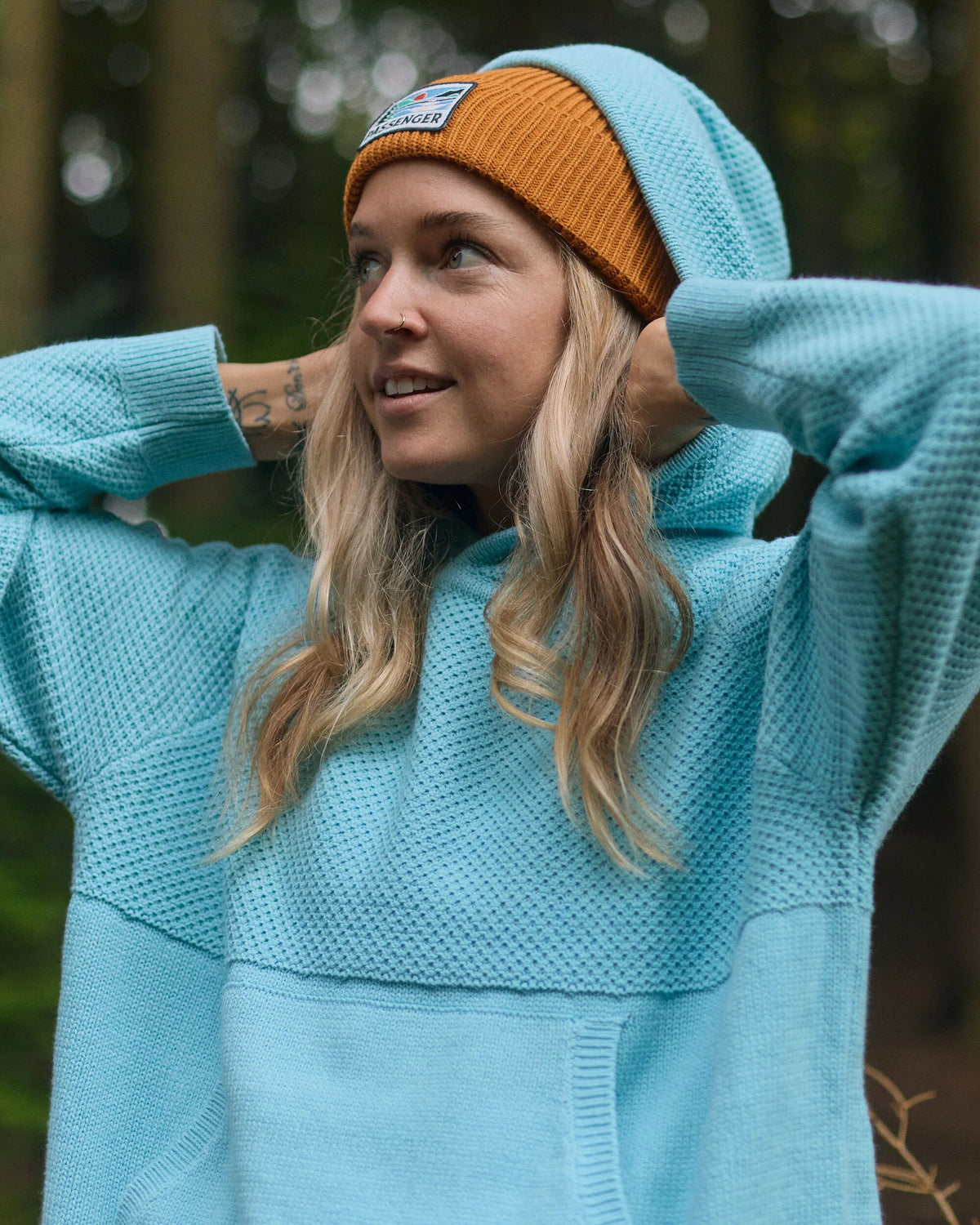 Cove Organic Cotton Knitted Hoodie - Retro Blue - Lifestyle