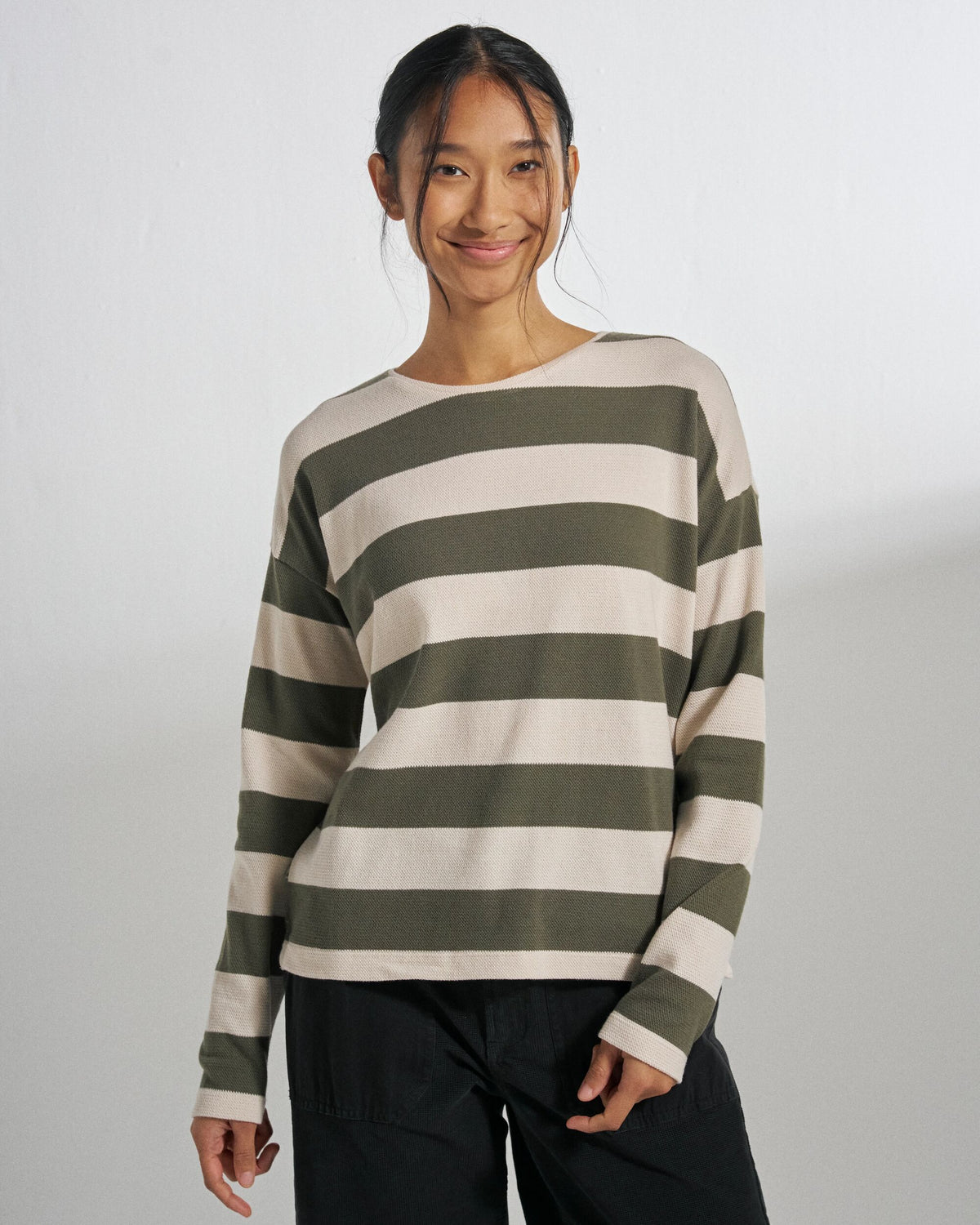Panorama Striped LS T-Shirt - Dusty Olive - Studio Model