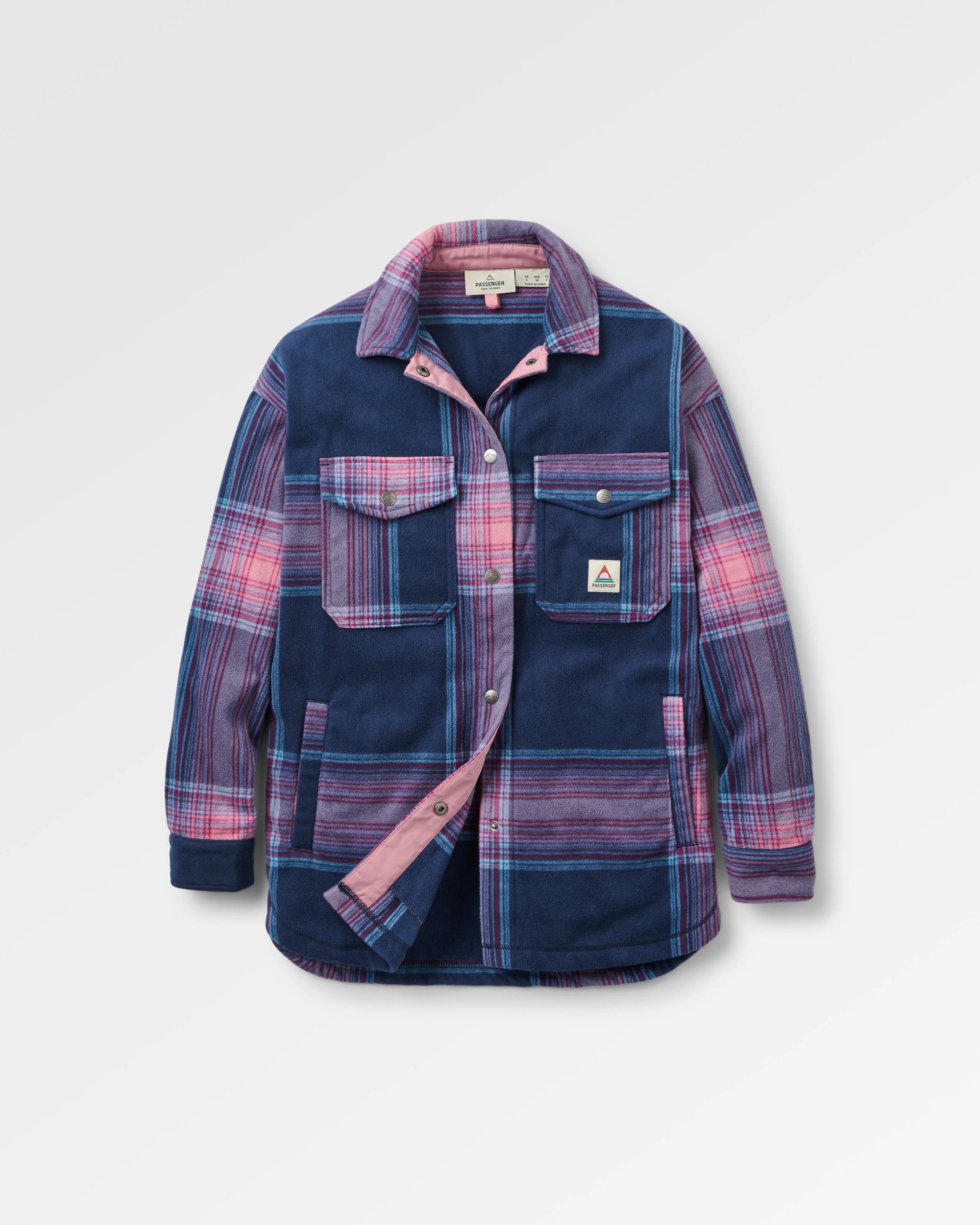 East Recycled Polar Fleece Shirt - Rich Navy/Pink Haze Check - Flatlay