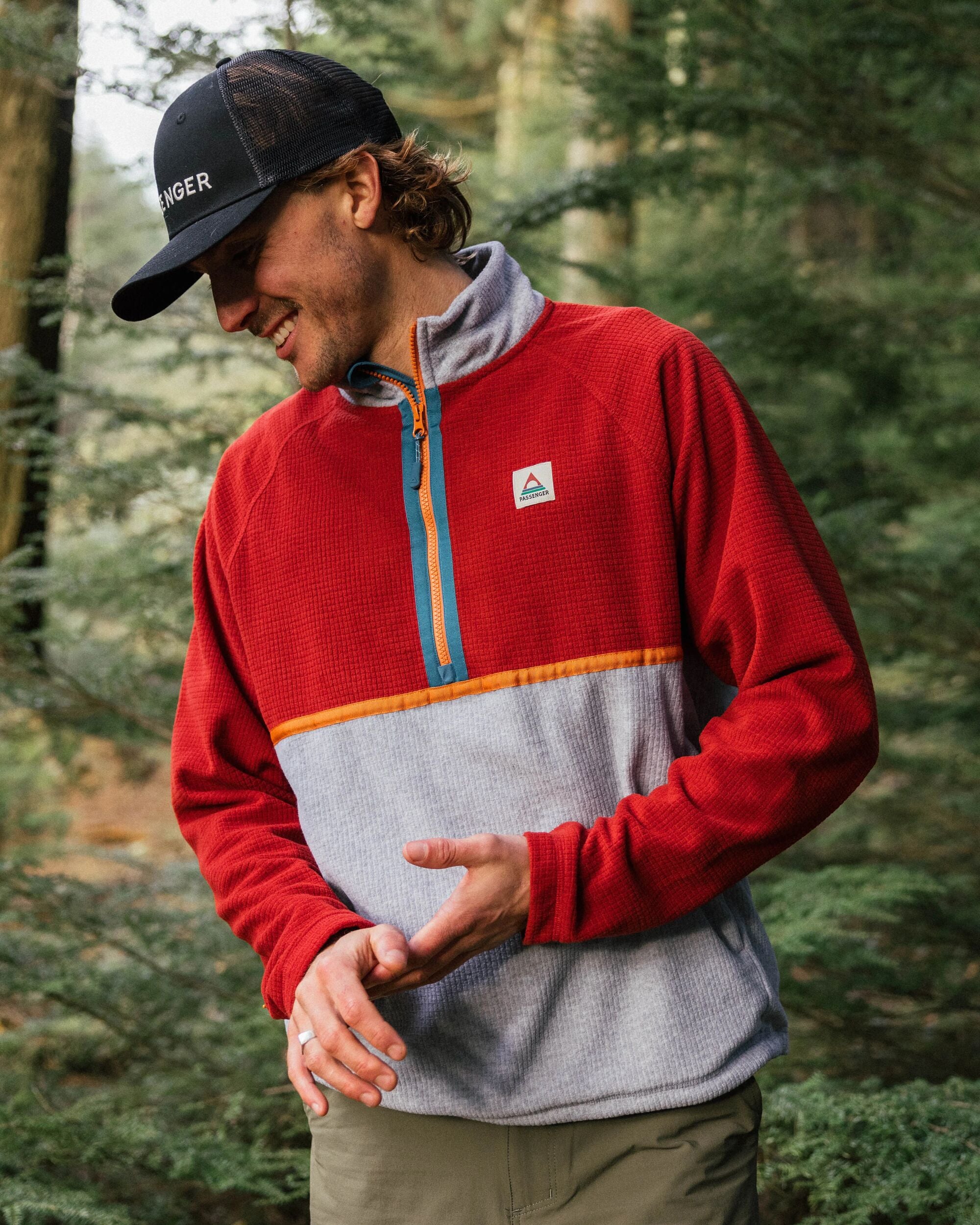 Overlook Recycled Grid Polar Fleece - Red Ochre/Grey Marl - Lifestyle