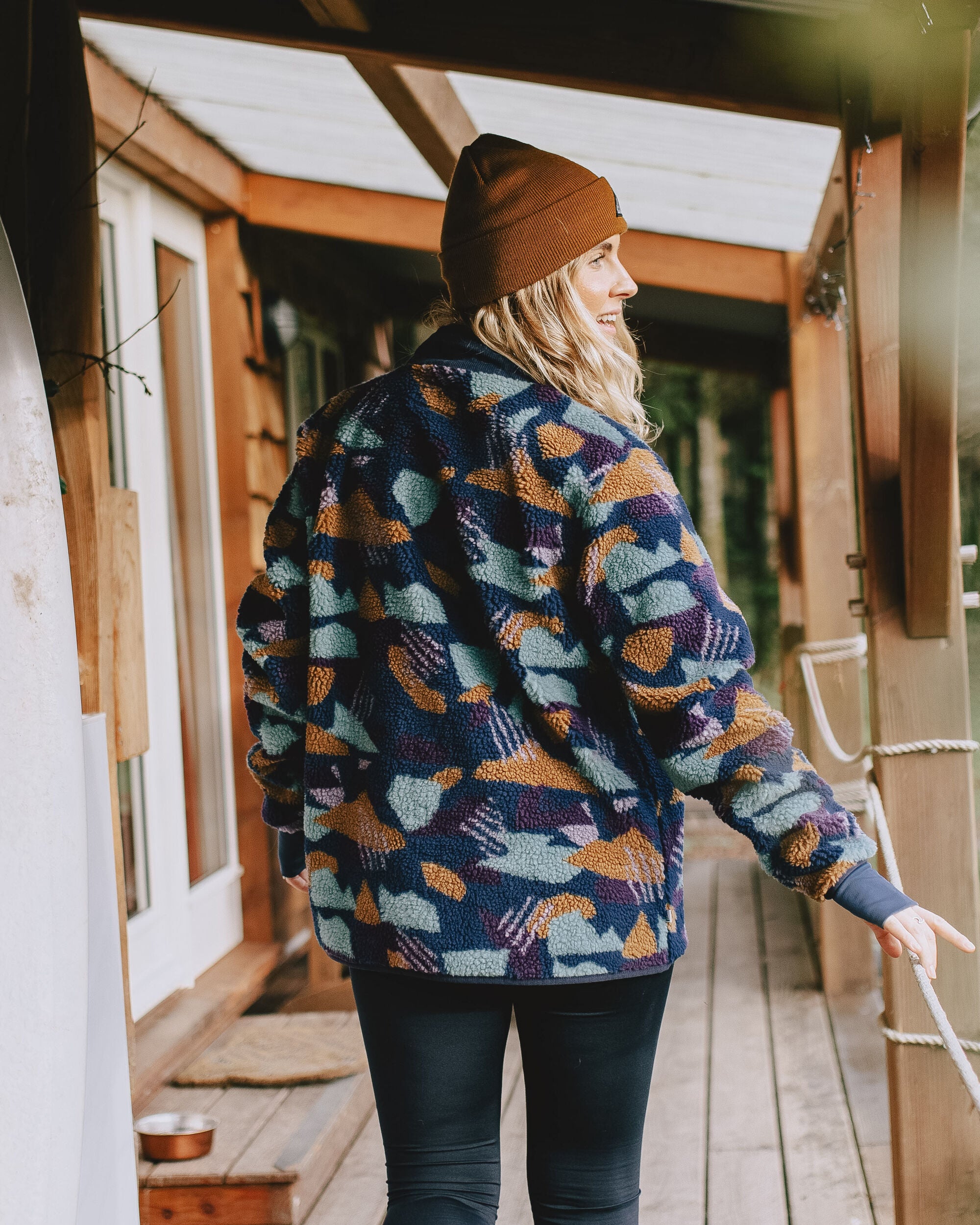 Clover Recycled Cotton-Lined Sherpa Fleece - Deep Blue Camo Pattern - Lifestyle