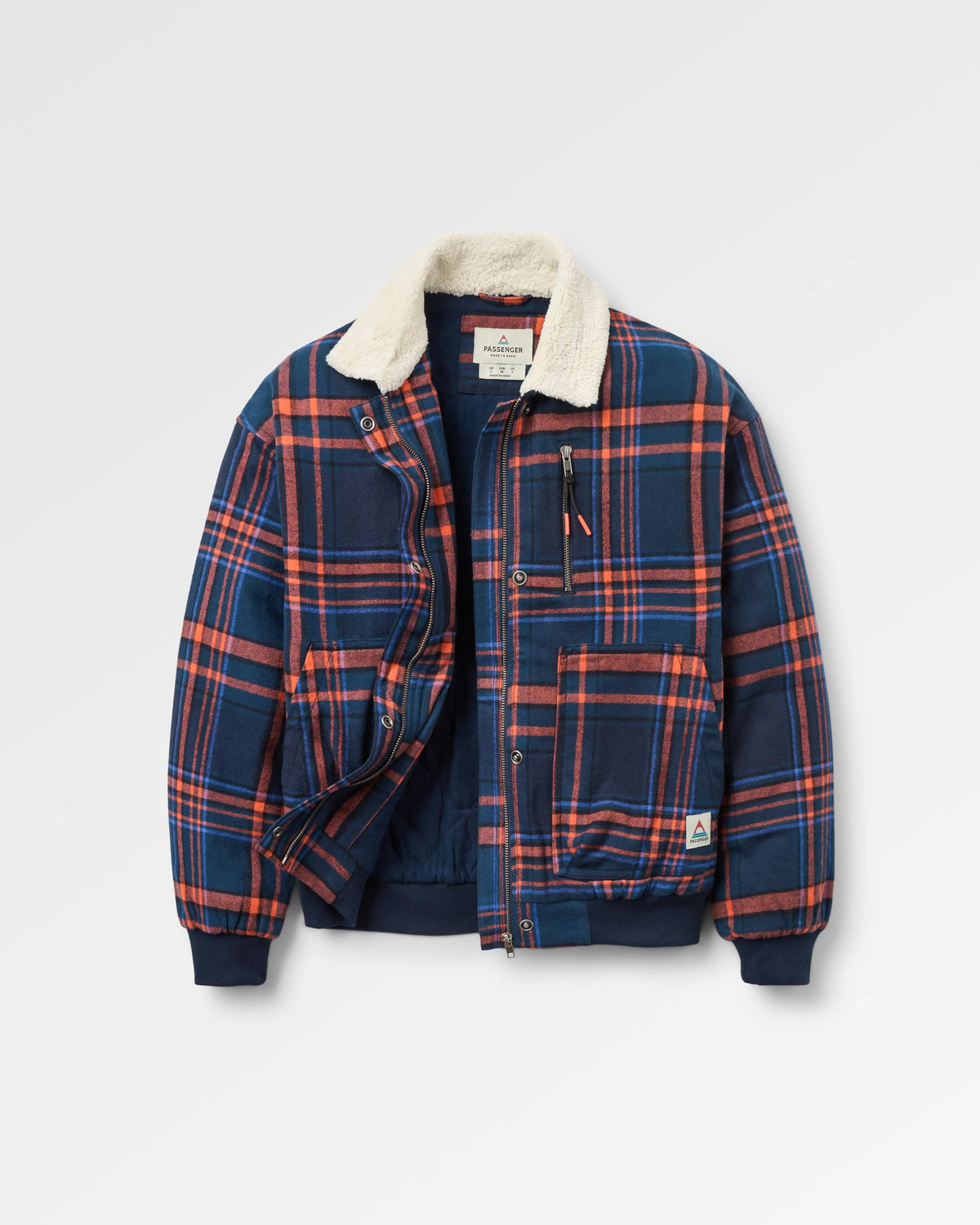 On The Go Insulated Bomber Jacket - Rich Navy/Ember Orange Check - Flatlay