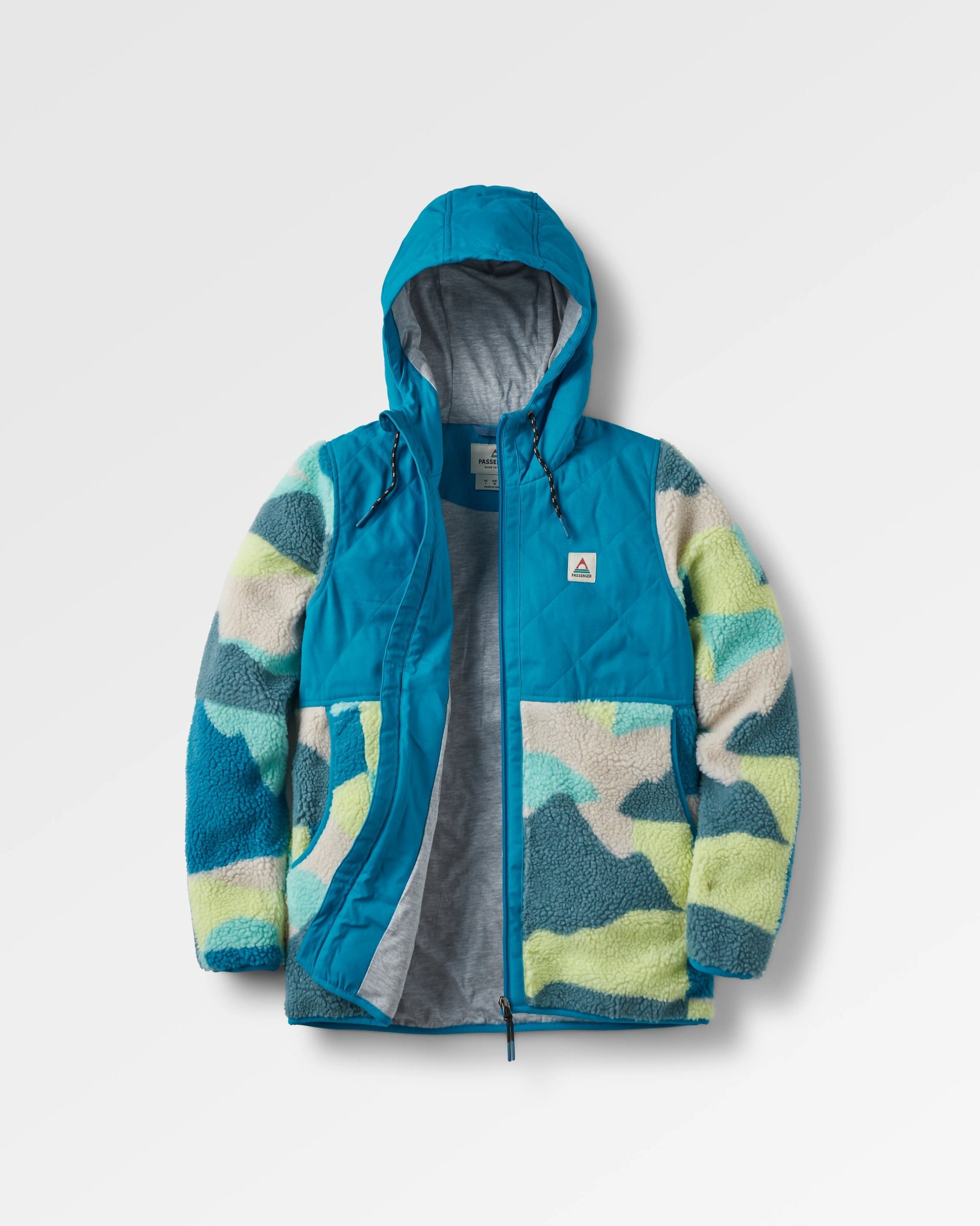 Sefton Recycled Deep-Pile Sherpa Full Zip Fleece - Vista Patchwork Aqua - Flatlay