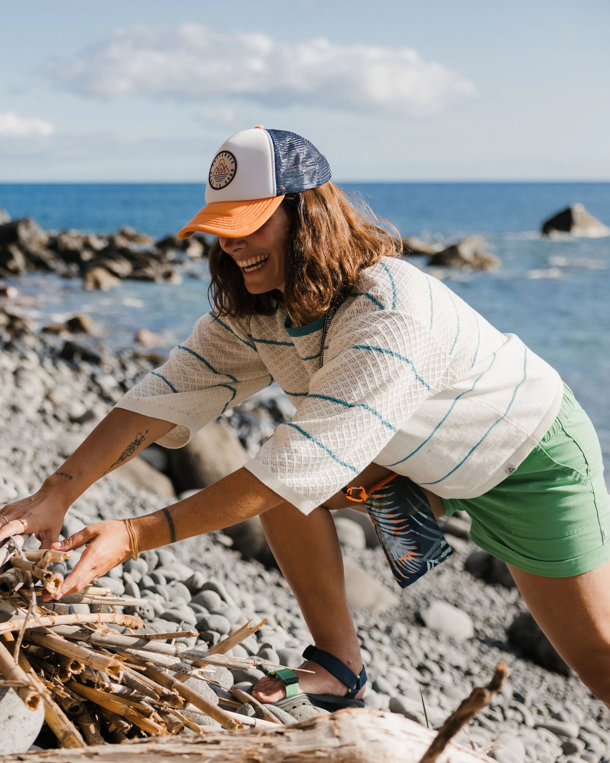 Migrate Organic Knitted Jumper - Blue Pool Stripe - Lifestyle