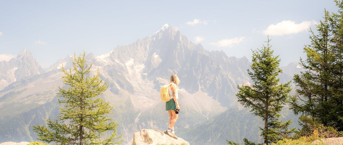 A woman stands on a rock overlooking the Alps mountain range, trees either side of her