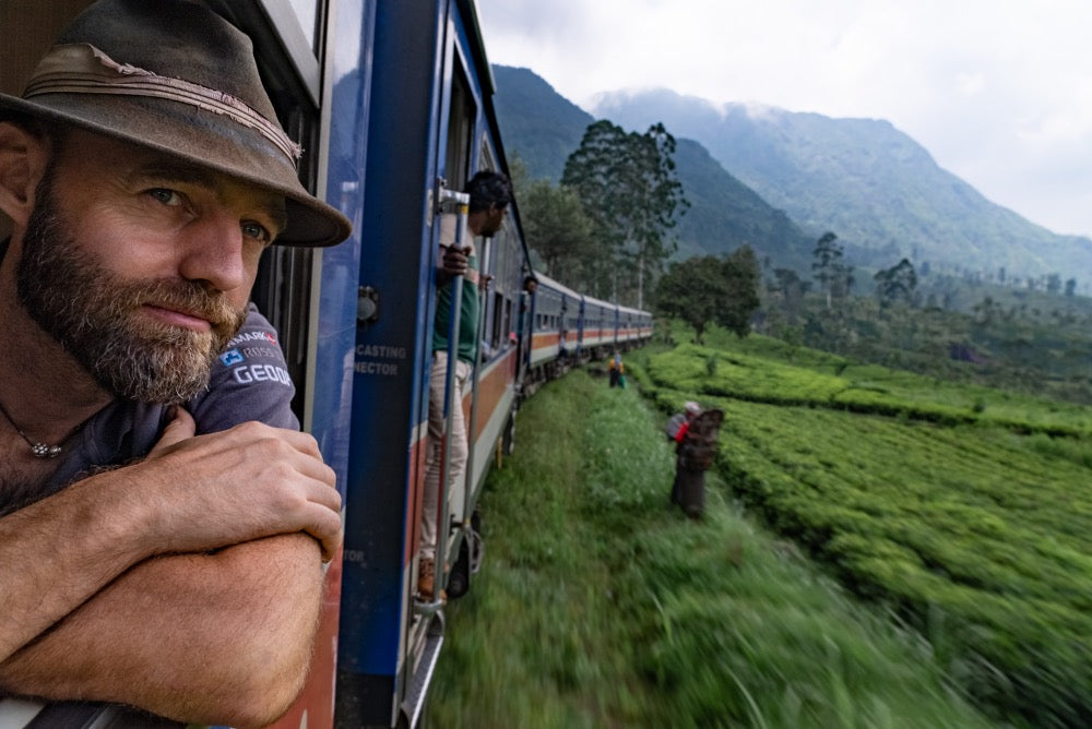 Thor Pedersen riding a train