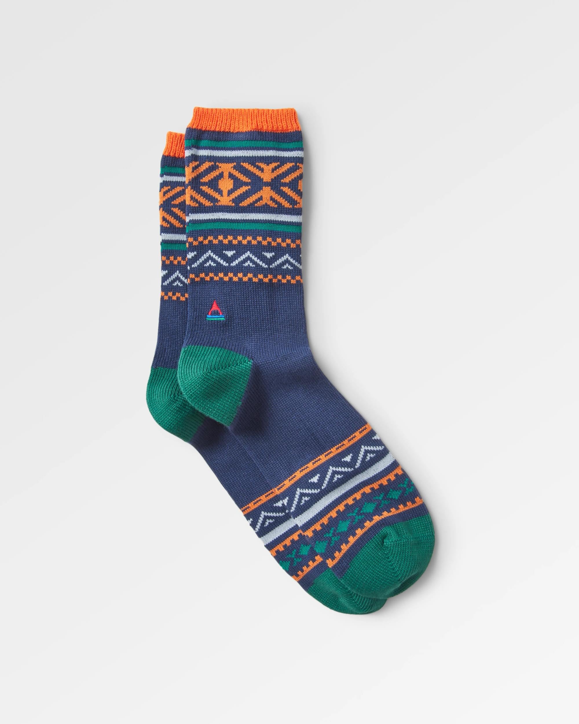 Organic Midweight Patterned Socks - Deep Navy - Flatlay