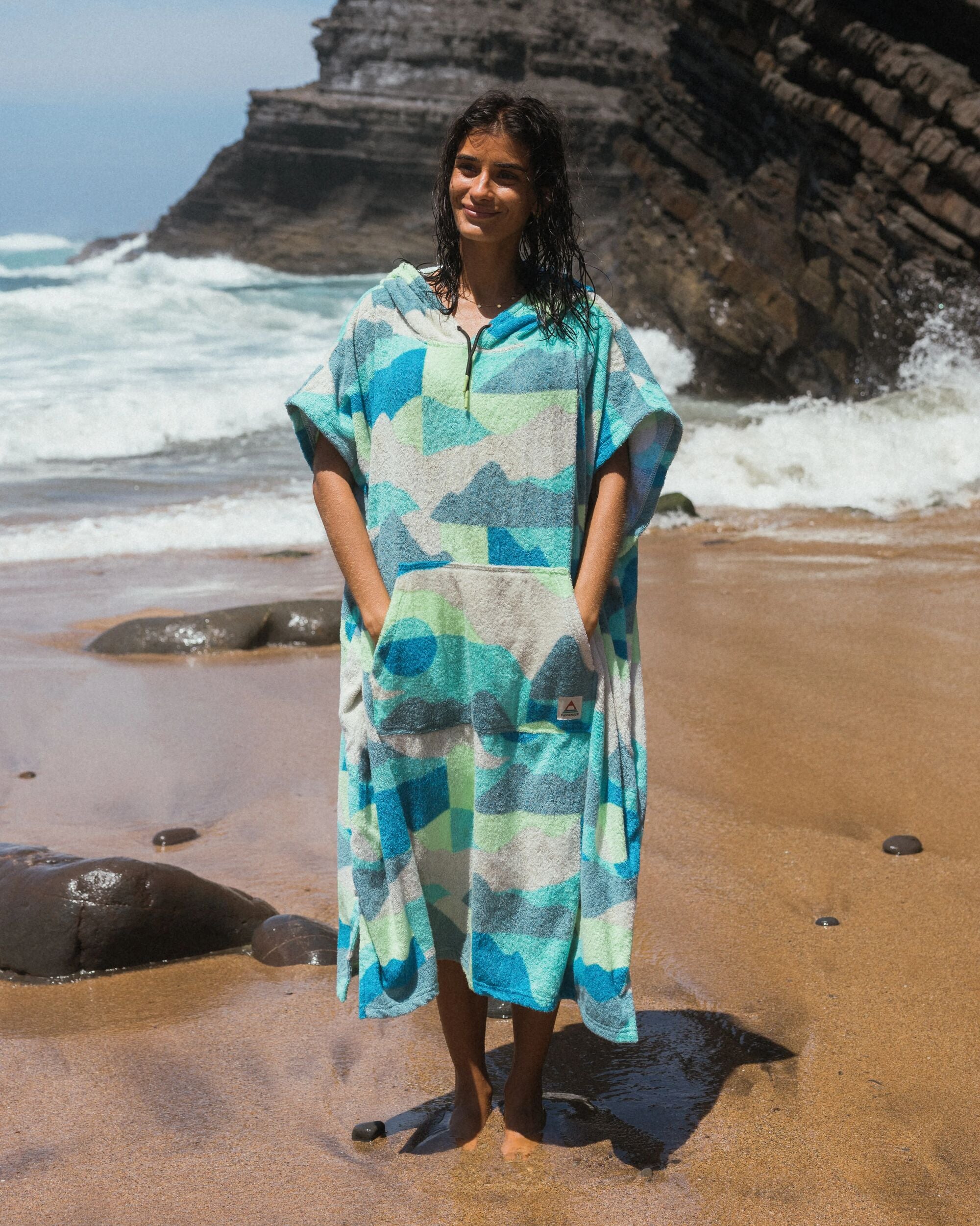 Shoreline Cotton Towel Poncho - Vista Patchwork Aqua - Lifestyle - Female