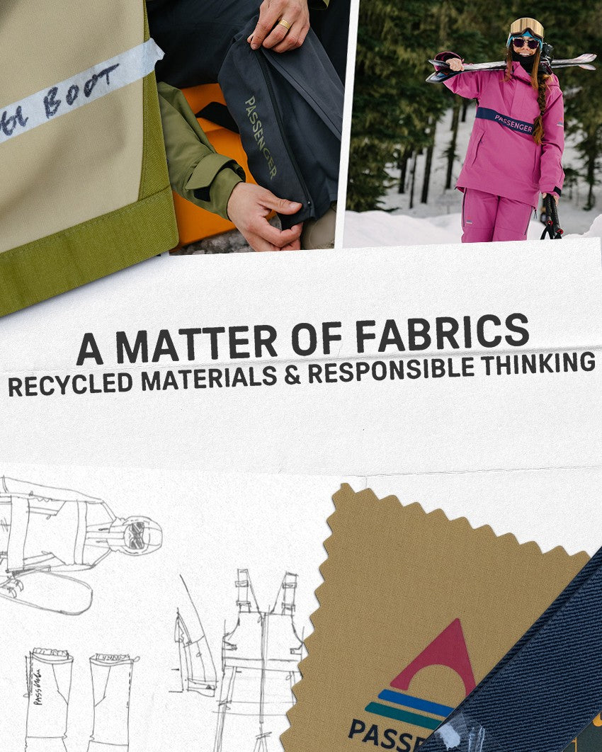 A Matter Of Fabrics. Recycled Materials & Responsible Thinking. A layout of the fabrics, sketches and images that were used to put together the Passenger snow collection