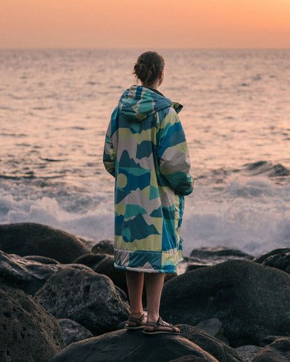 Womens_Waves Recycled Sherpa Lined Changing Robe - Vista Patchwork Aqua - Lifestyle