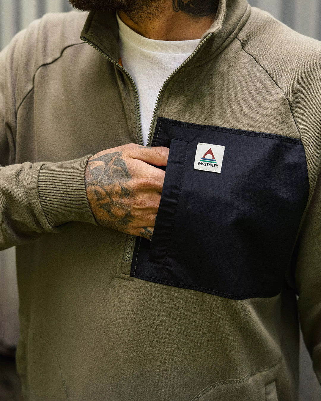 Offgrid 1/4 Zip Recycled Cotton Sweatshirt - Dusty Olive - Lifestyle