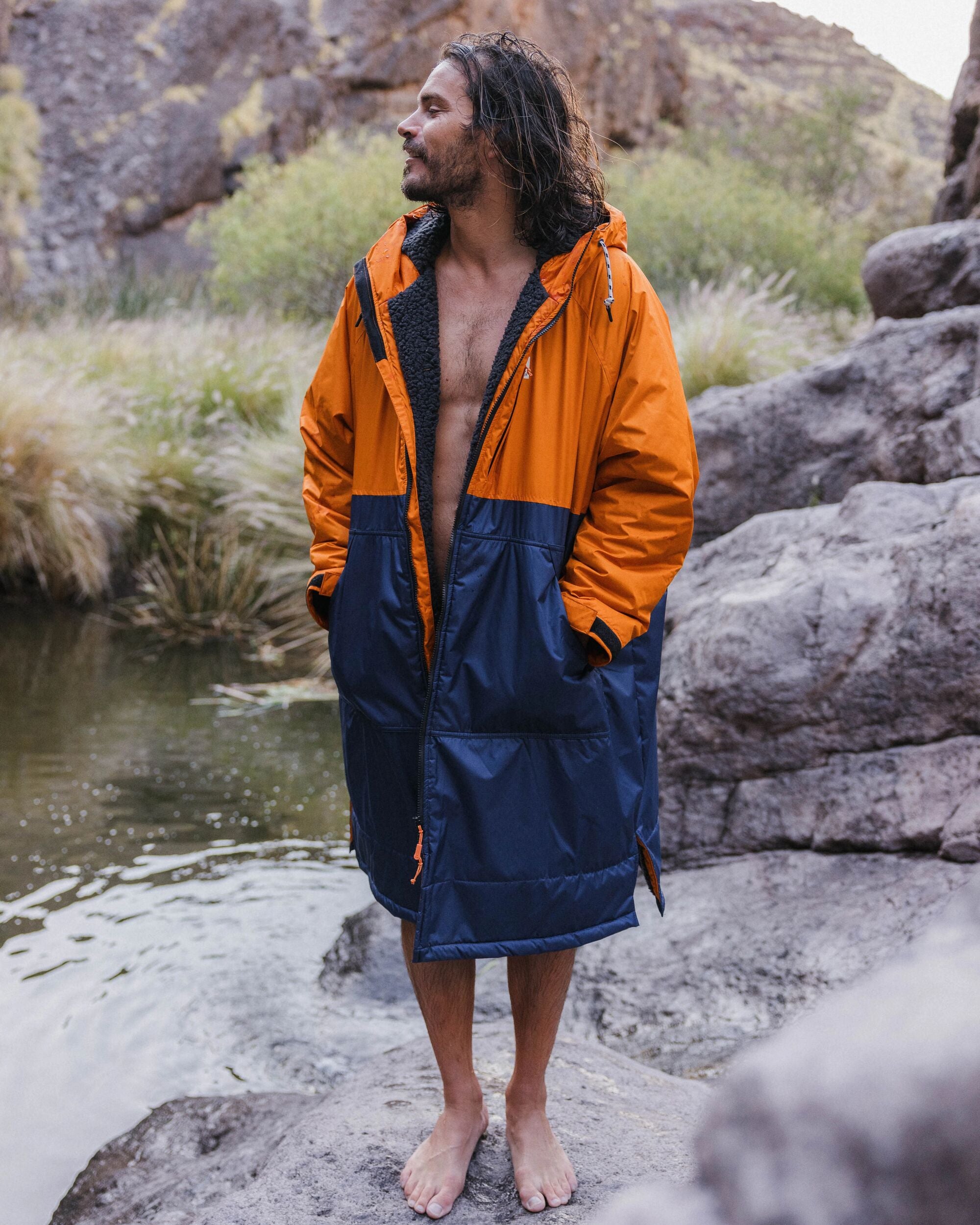 Waves Recycled Sherpa Lined Changing Robe Sunrise Orange/Rich Navy ...