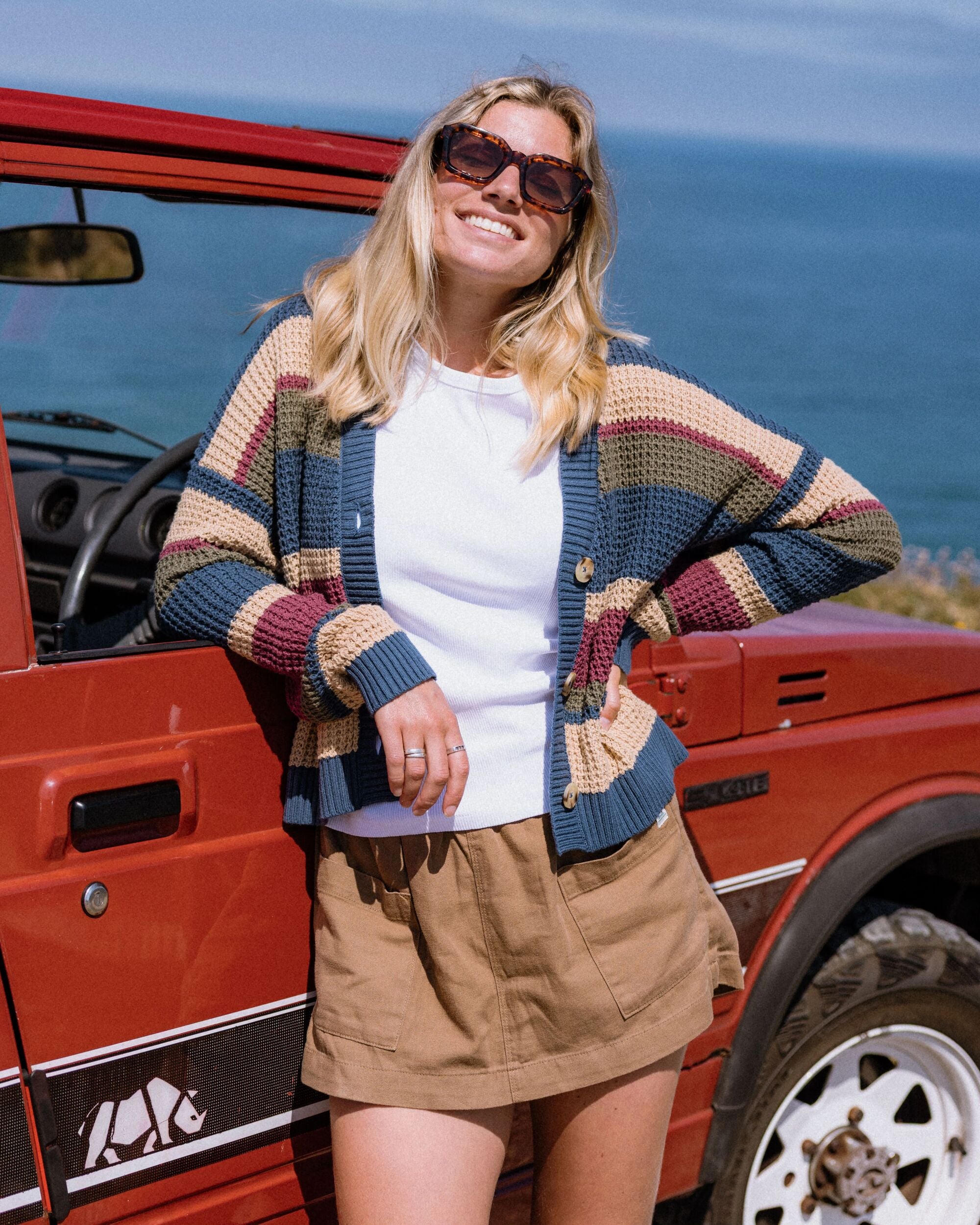 Reflection Open Knit Stripey Cardigan - Dusty Olive Multi Stripe - Lifestyle