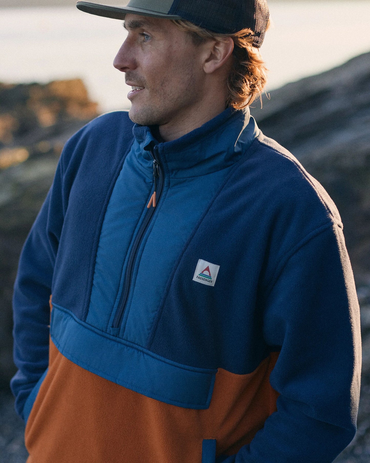 Woodland Hoodless Recycled Polar Fleece - Rich Navy/Sunset Orange - Lifestyle