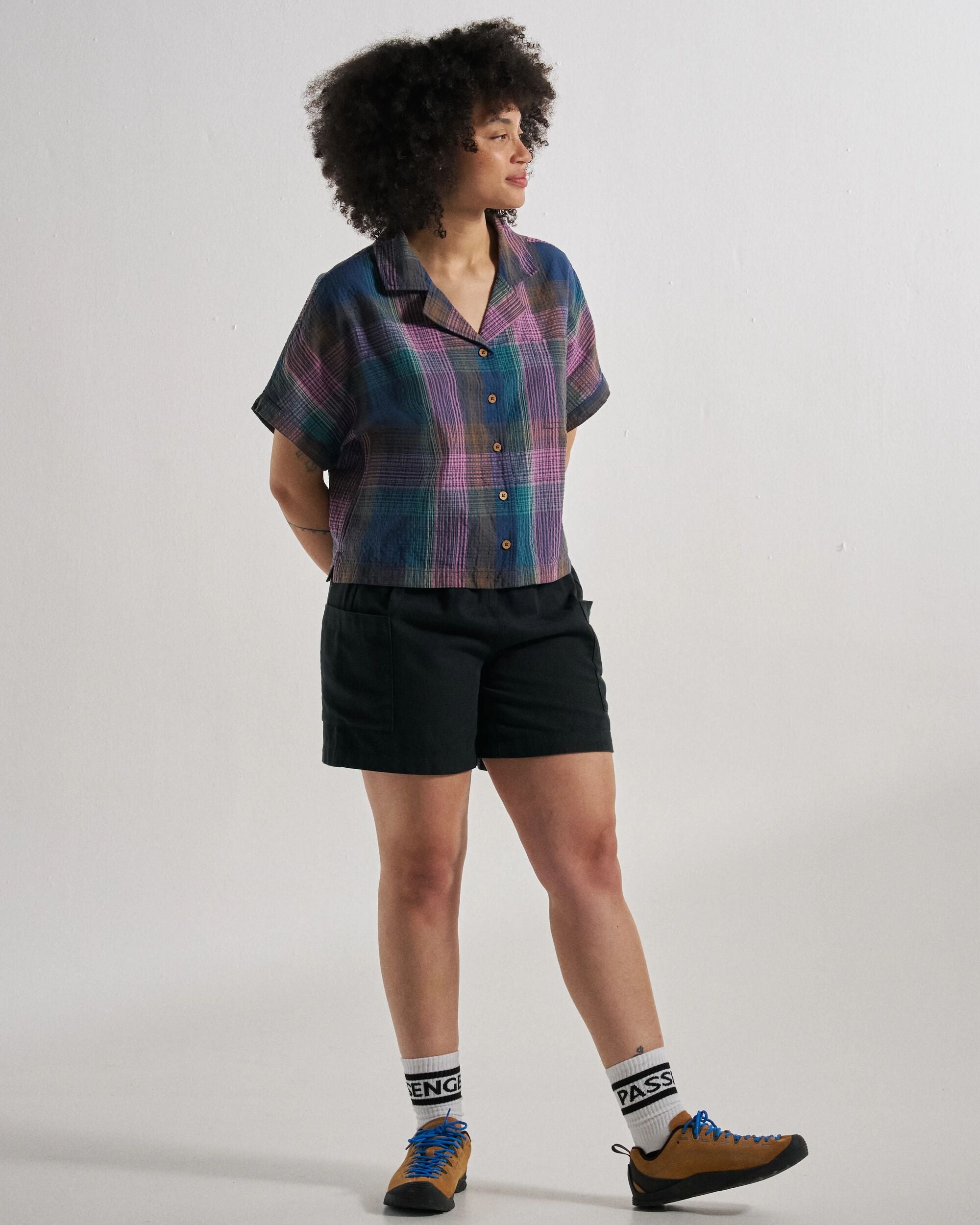 Arden Organic Cotton Short Sleeve Shirt - Rich Navy Multi Check - Studio Model