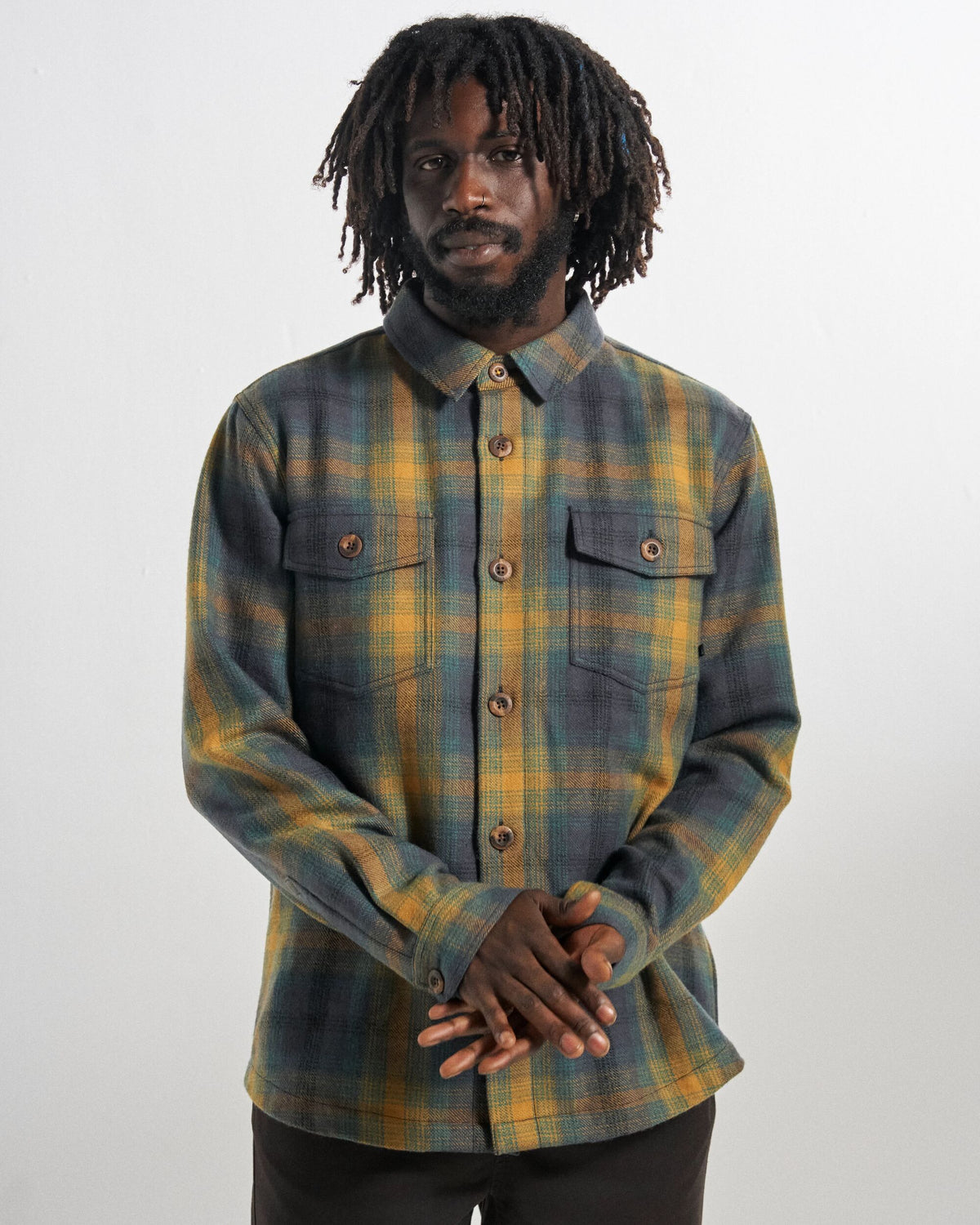 Barren Wool Blend Overshirt - Dusty Ochre/Charcoal Check - Studio Model