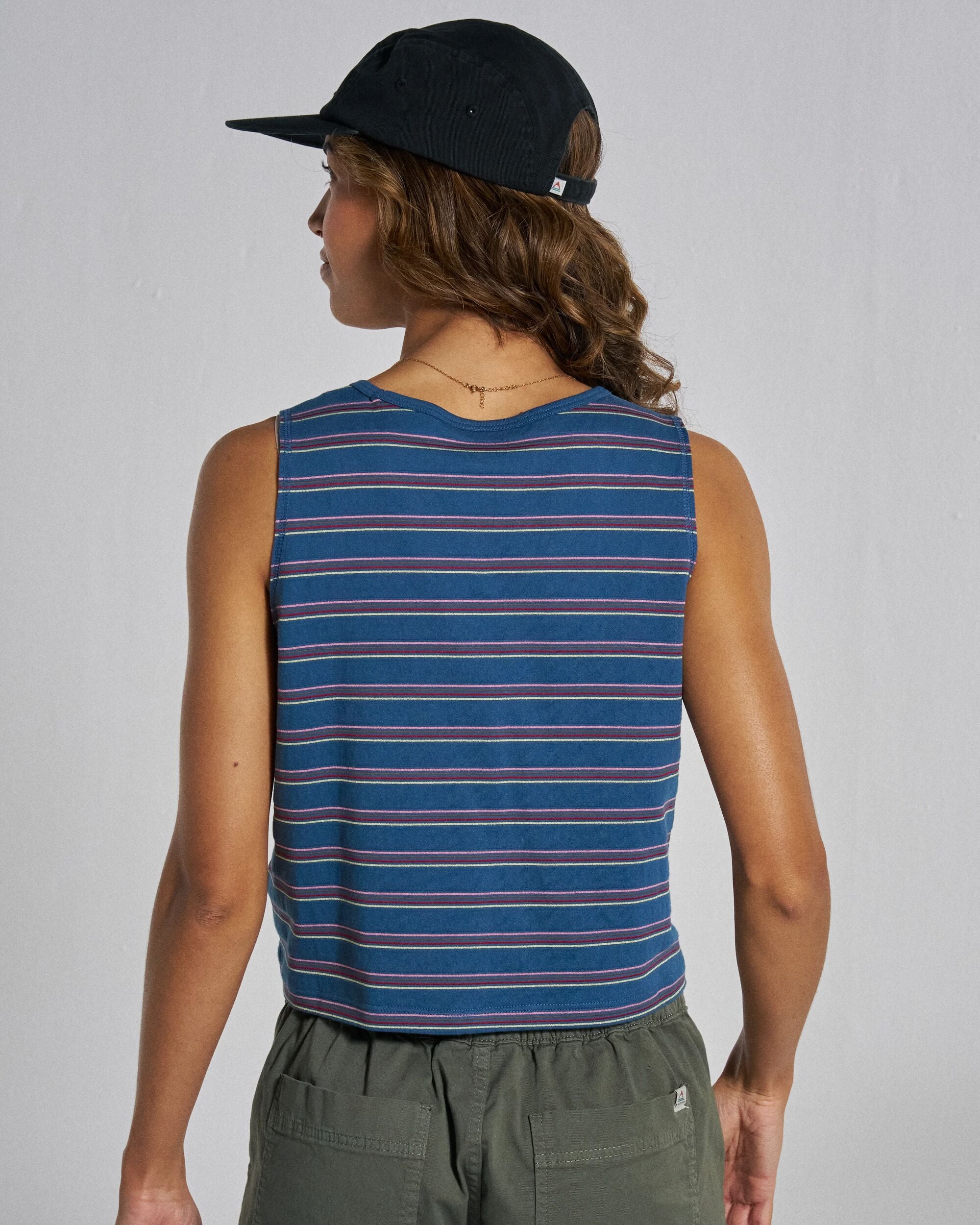 Retro Vibes Vest  - Dark Denim Stripe - Studio Model