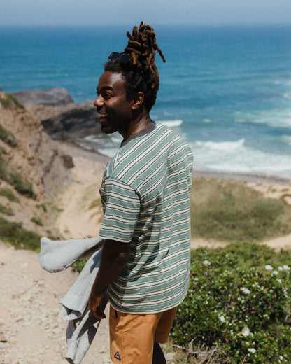 Retro Recycled Cotton Relaxed Fit T-Shirt - Deep Ocean Multi Stripe - Lifestyle