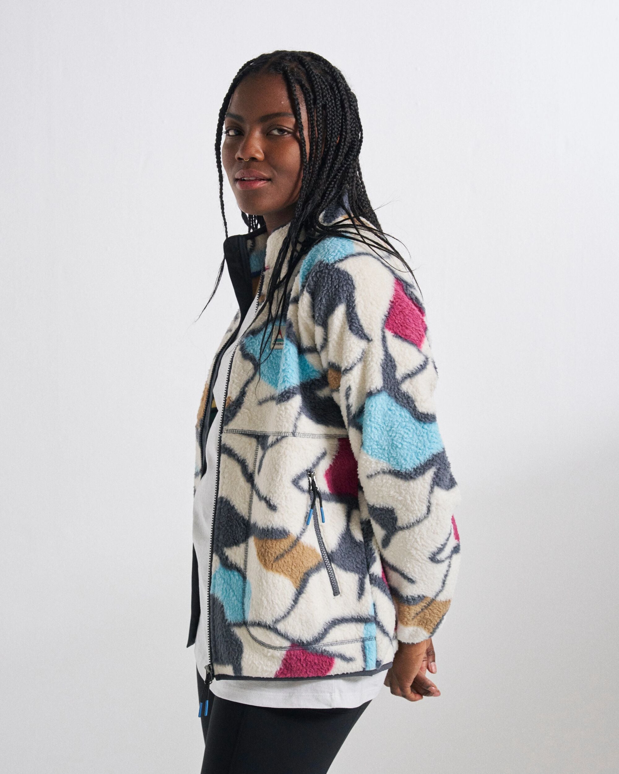 Fairbanks Full Zip Recycled Sherpa Fleece - Abstract Trails Off White - Studio Model