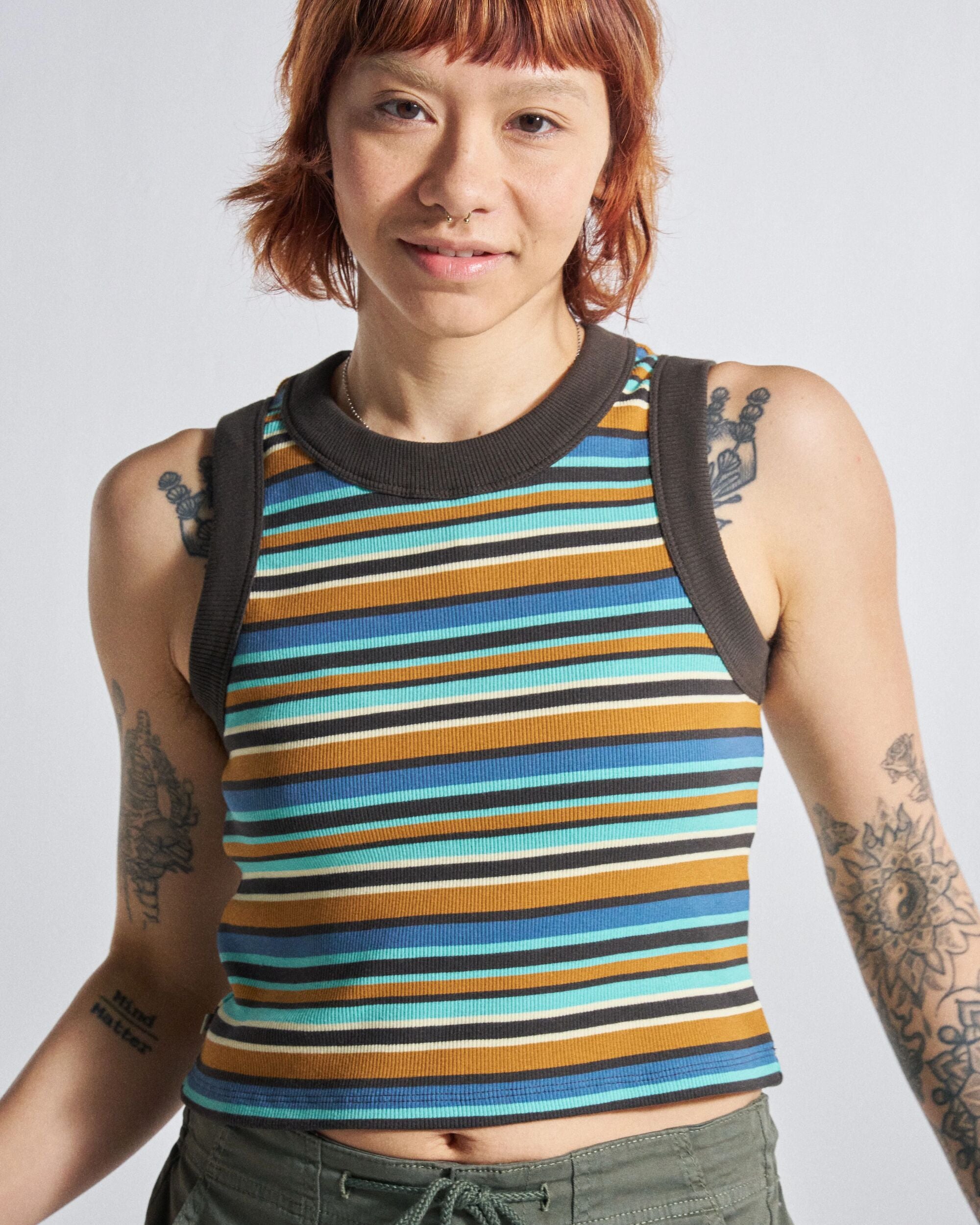 Out There Ribbed Cropped Vest - Espresso Multi Stripe - Studio Model