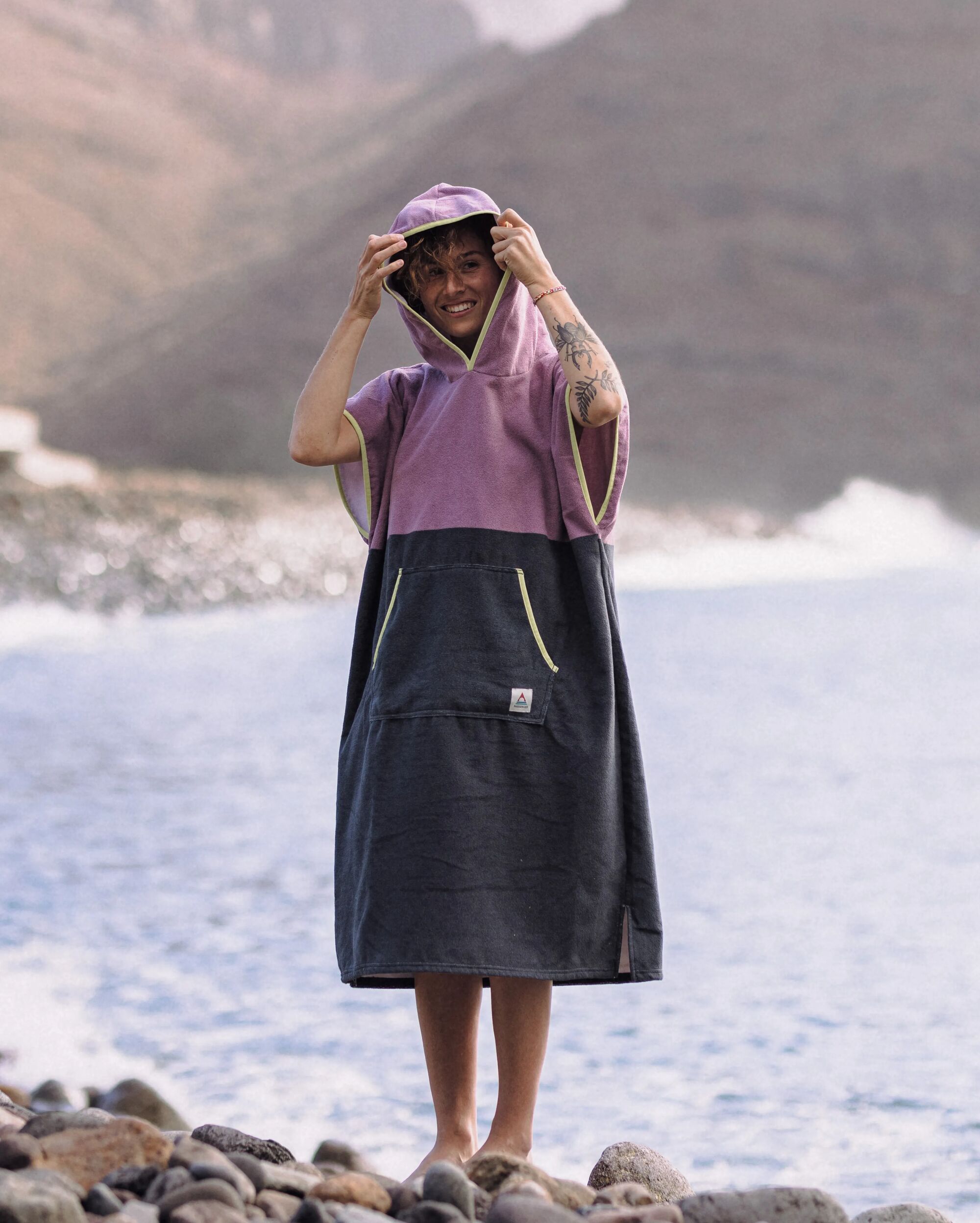 Tulum Recycled Towel Poncho - Grape / Charcoal - Lifestyle - Female