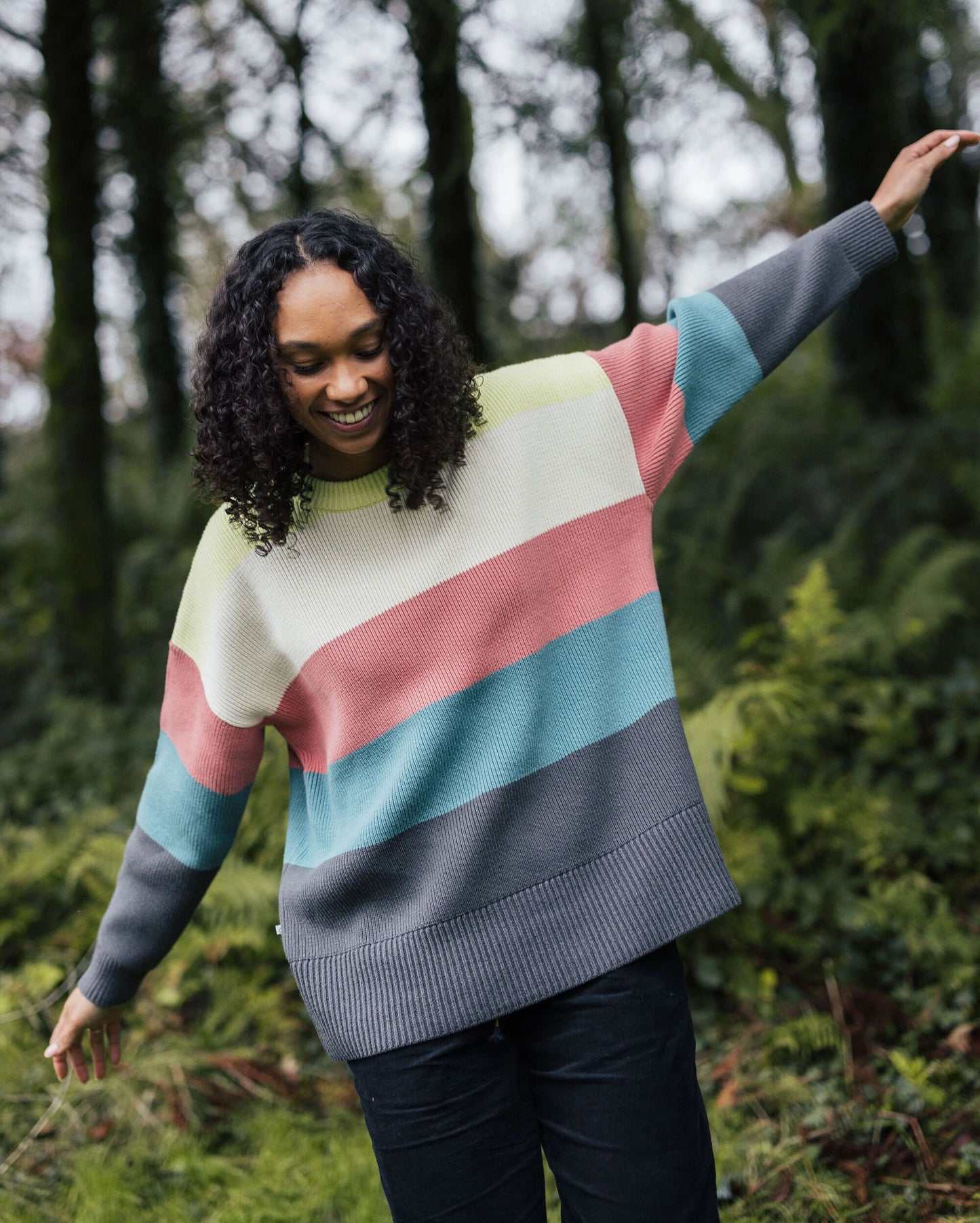 Moments Oversized Organic Knitted Jumper - Lime Multi Stripe