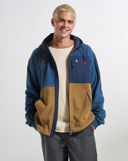 Woodland Full Zip Hooded Polartec® Fleece - Dark Denim/Caramel - Studio Model