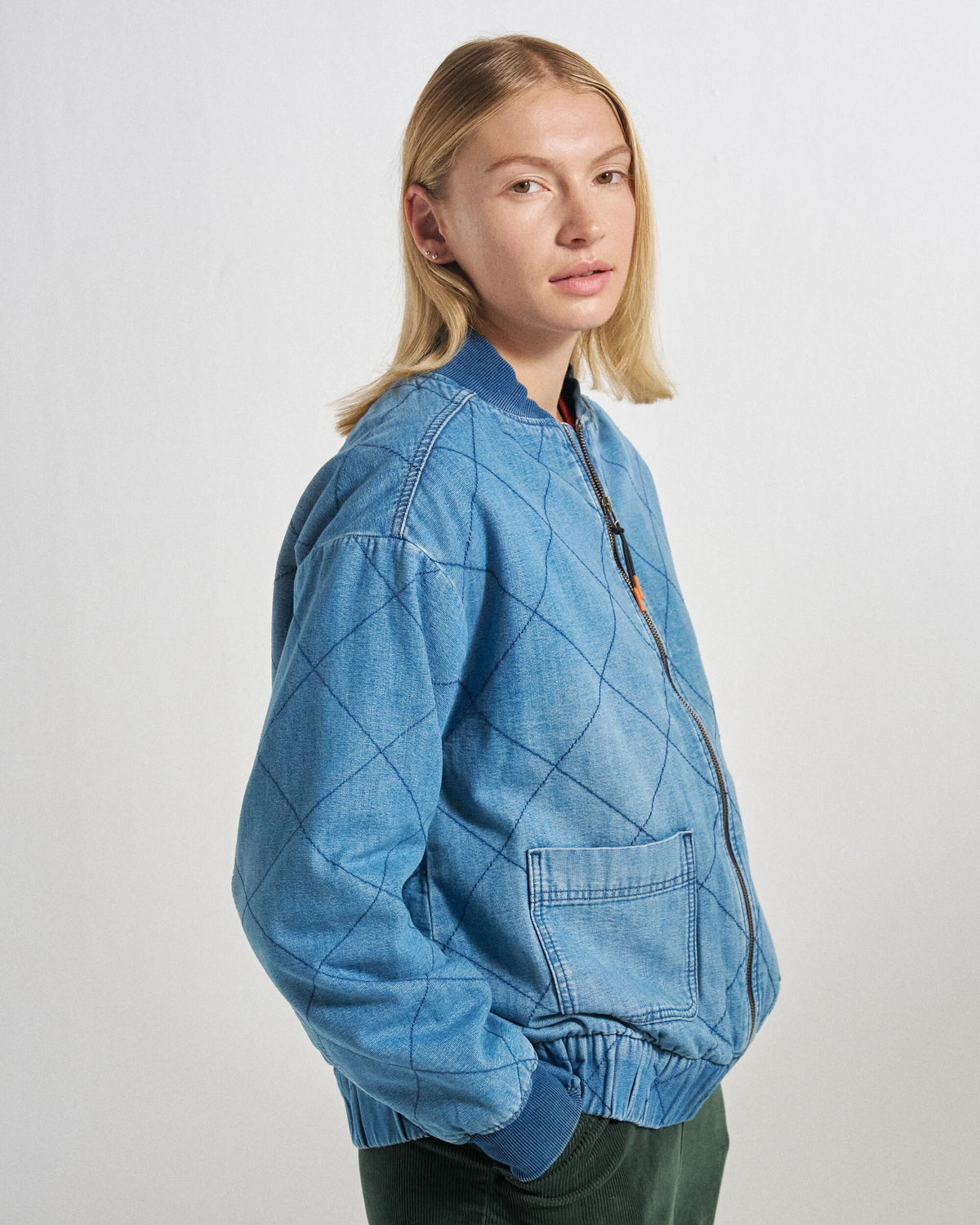 Lucia Sherpa Lined Denim Bomber Jacket - Denim Blue - Studio Model