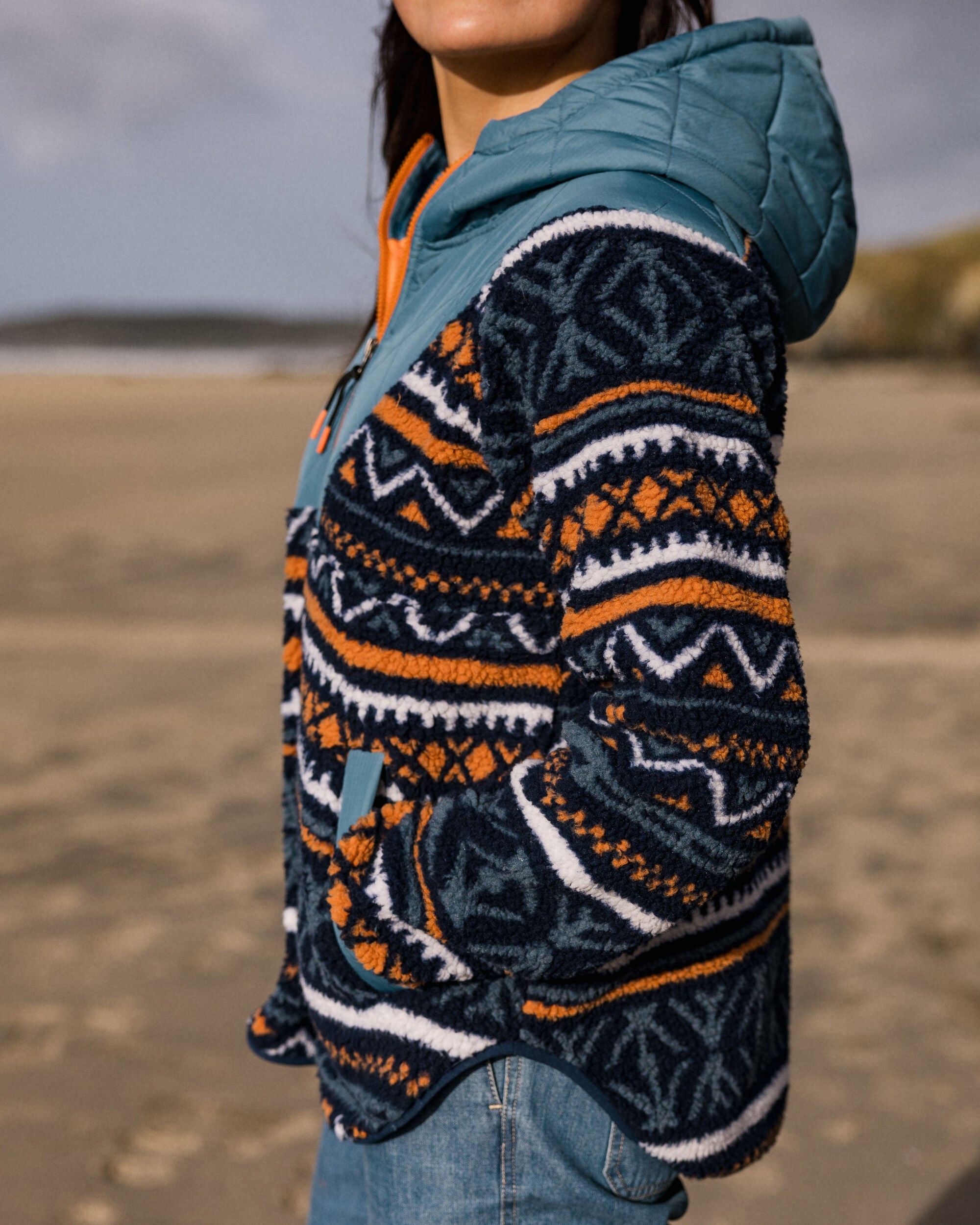 Beaumont Recycled Sherpa Hooded Fleece - Homespun Stripe Navy - Lifestyle