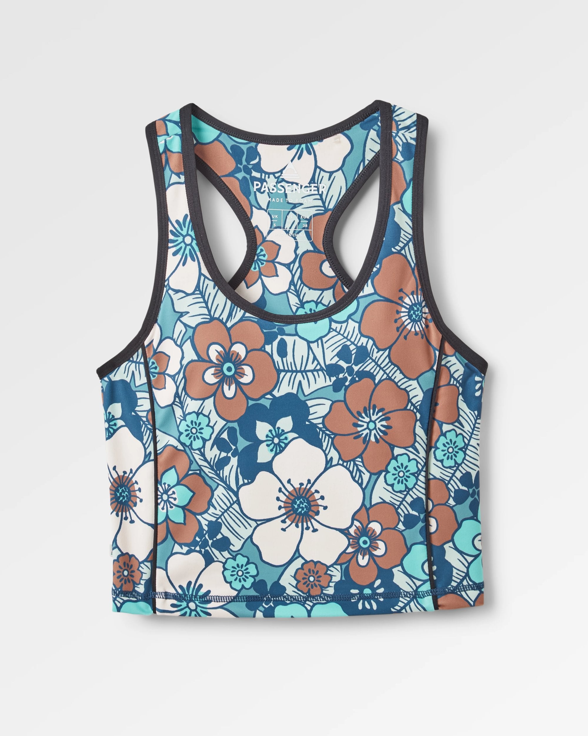 Mantra Recycled Active Crop Top - Vintage Floral Aqua - Flatlay