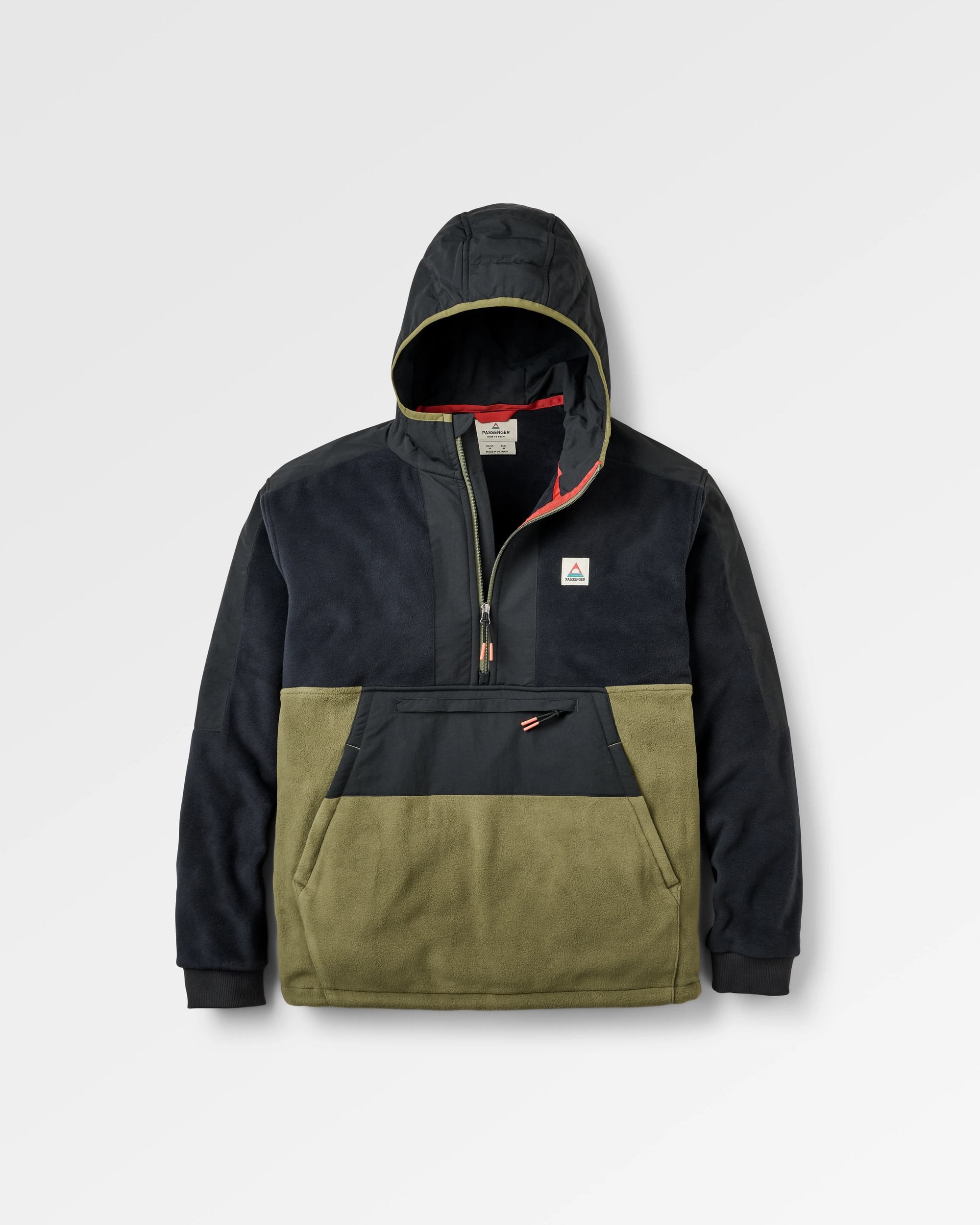 Woodland Hooded 1/2 Zip Recycled Polartec® Fleece - Black/Khaki - Flatlay