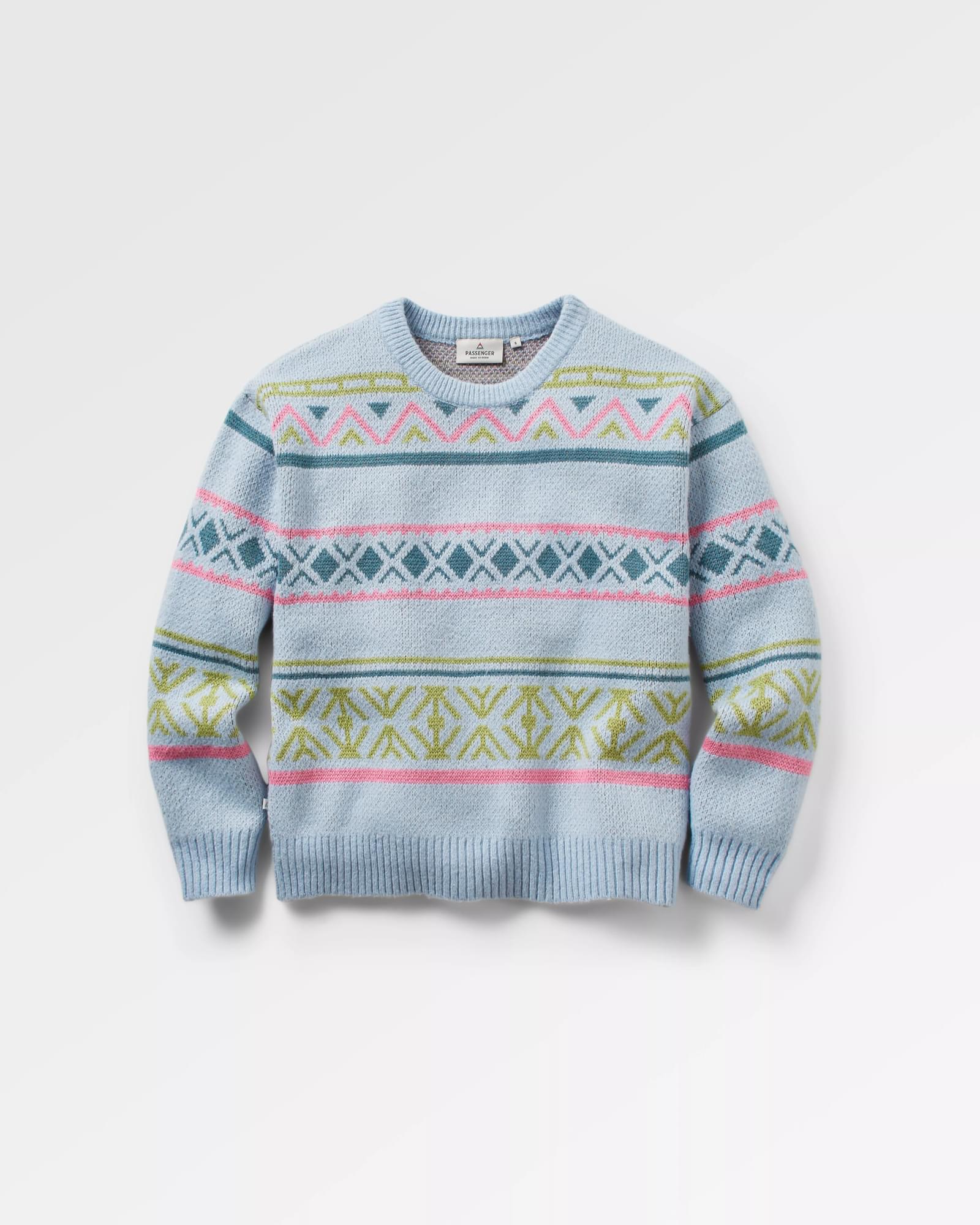 Whimsical Recycled Knitted Jumper - Homespun Stripe Blue Fog - Flatlay