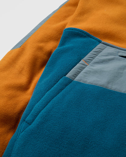 Woodland Hooded 1/2 Zip Recycled Polartec® Fleece - Retro Orange/Tidal Blue - Flatlay