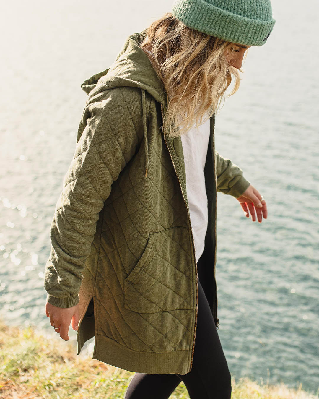 Getaway Recycled Quilted Full Zip Hoodie Khaki Passenger